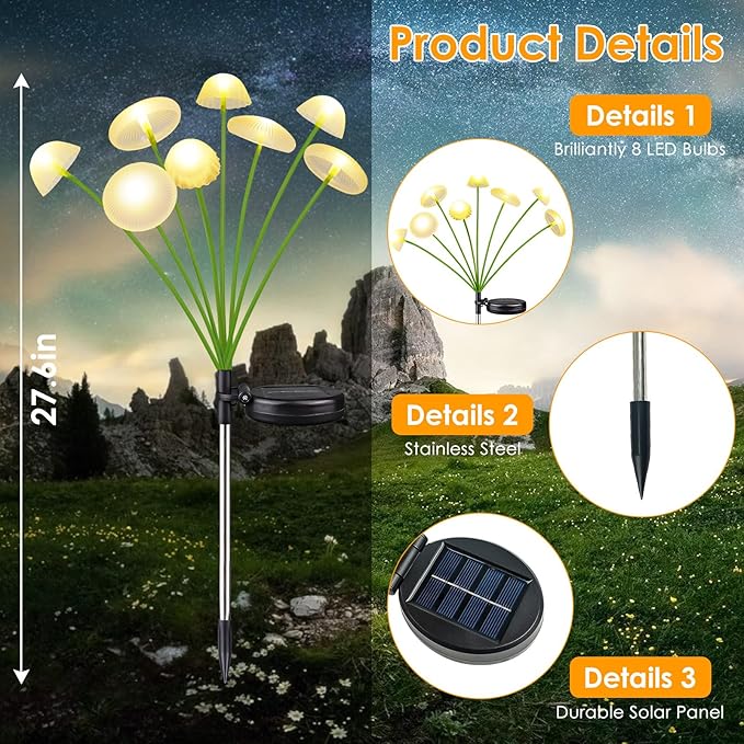 KAQ 4PK 32LED Solar Garden Lights Outdoor Waterproof | Solar Mushroom Lights for Outside Sway by Wind Firefly Fairy Light for Patio Pathway Garden Bush Yard Decorations (Warm White) KAQ