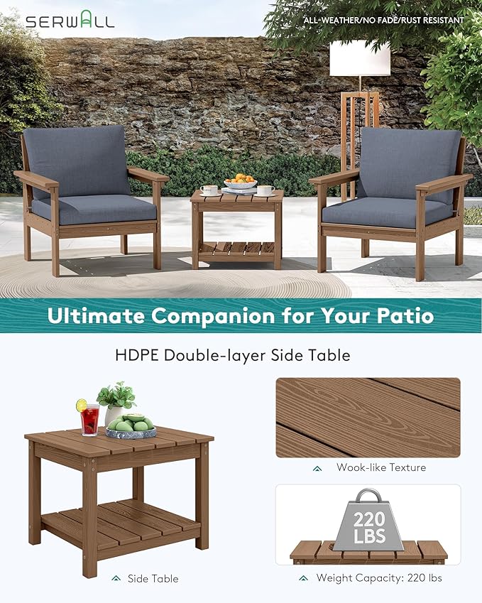 SERWALL HDPE Patio Sofa Set, 3-piece Sectional Outdoor Furniture Set, All Weather Outdoor Couch Set Patio Furniture Set for Deck, Lawn, Brown Frame with Grey Cushion SERWALL