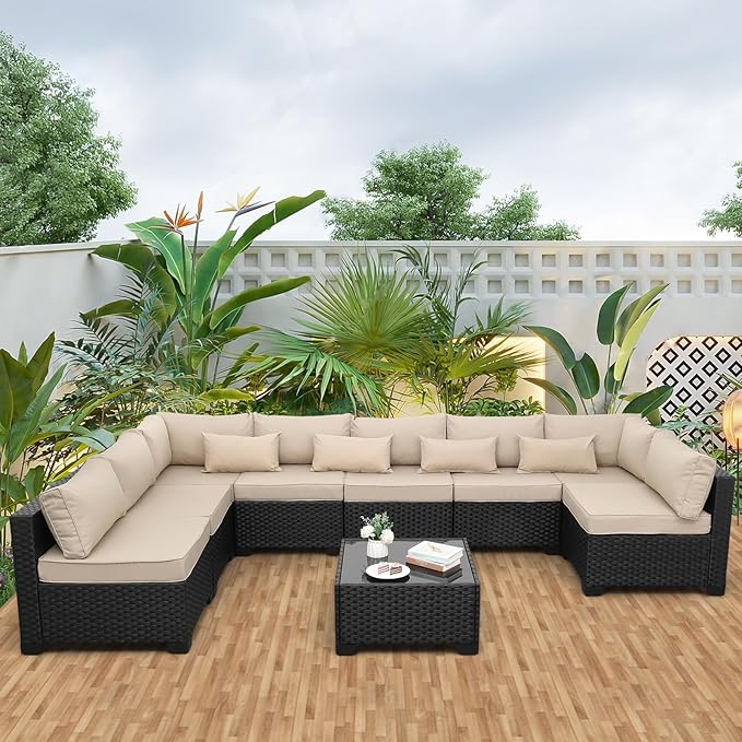 9 Pieces Outdoor Sectional All-Weather Wicker Patio Furniture Set Patio Sectional Glass Patio Table Non-Slip Cushions and Waterproof Covers, Khaki Rattaner
