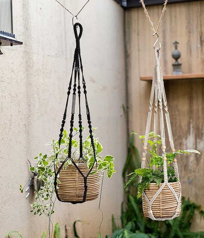 Macrame Plant Hanger Indoor Hanging with Wood Beads Macrame Planters No Tassel for Indoor Outdoor Boho Home Decor 35 Inch (Black,1pc) BlueMake