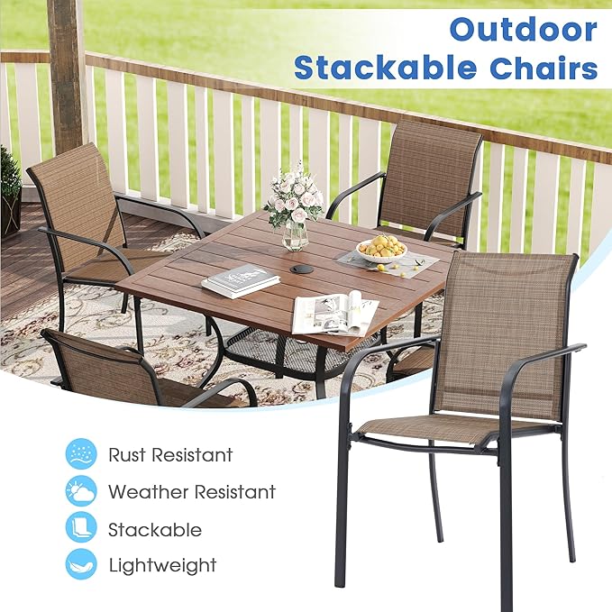 VICLLAX 5 Pieces Patio Dining Set, Outdoor Furniture Set Includes 1 Square Outdoor Table and 4 Stackable Patio Sling Chairs, Black Tabletop and Brown Fabric HOME