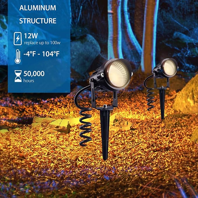 SUNVIE Outdoor Landscape LED Lighting 12W Waterproof Garden Lights COB Led Spotlights with Spiked Stand for Lawn Decorative Lamp US 3- Plug 3000K Warm White (2 Packs) SUNVIE