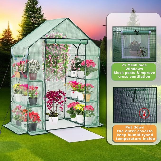 Walk-in Greenhouse for Outdoors w/ Mesh Side Windows, 3 Tiers 6 Shelves PE Cover Green House Portable Warm House for Seedling Flowers Growing 20 Pcs T-Type Plant Tags Include (GHW001G) Purlyugreenhouse