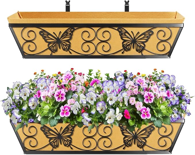 2 Pack 24 Inch Window Boxes Planters Railing Planter Box with Adjustable Brackets for Porch Fence Patio Balcony Hanging Flower Baskets with Woven Fabric for Outdoor Garden Decor - Black KarlliuHOMEGARDEN