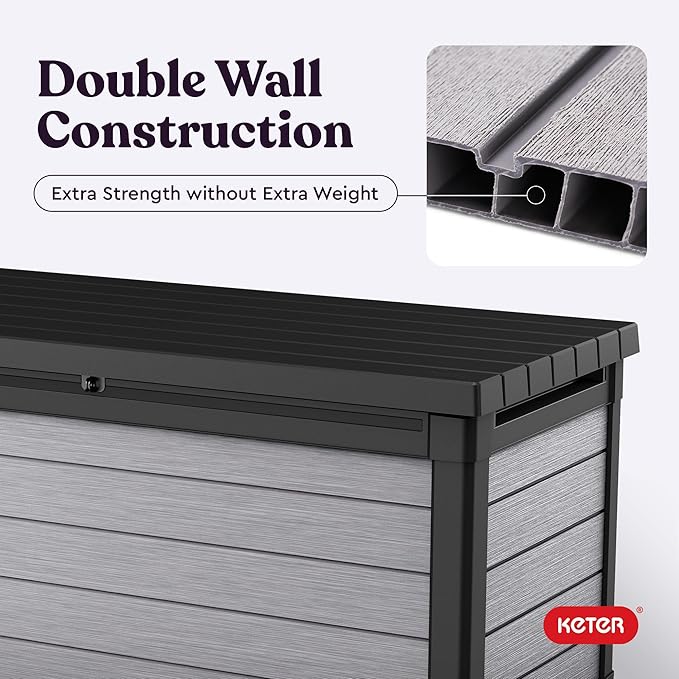 Keter Denali 150 Gallon Resin Large Deck Box with Double Wall 20mm Panels - Paintable and Drillable-Organization and Storage for Patio Furniture and Outdoor Items, Grey & Black Keter