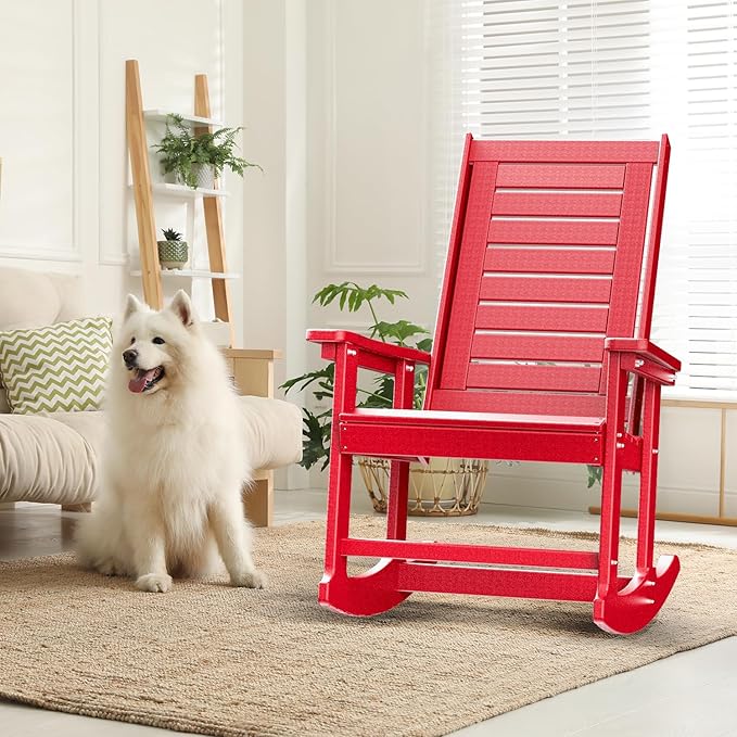 GREENVINES Outdoor Rocking Chairs | Set of 2 | Porch Rocker | HDPE Plastic | Red | Oversized Rockers | High Back | Big & Tall | Ladder Back | for Patio Outside Backyard Balcony GreenVines
