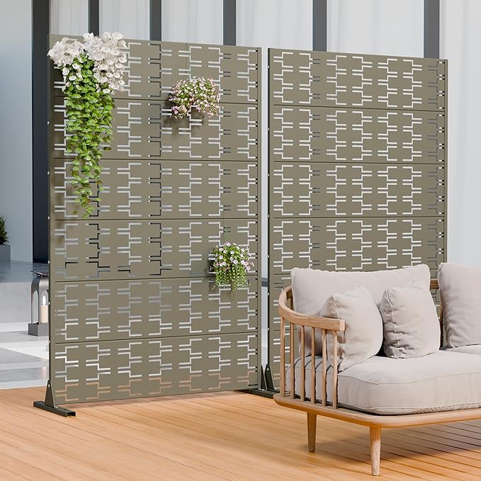 Casaphoria Metal Privacy Screen Outdoor, 72" H x 47" W Freestanding Decorative Privacy Screen for Patio Deck Balcony Garden with Stable Base, Grey-Brick Casaphoria
