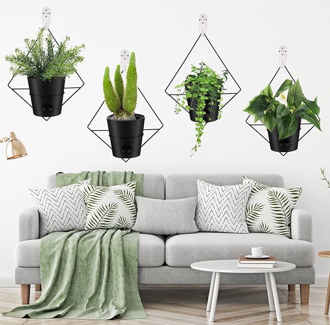 Baderke 6 Sets Wall Planters for Indoor Plants Hanging Wall Planter with Metal Holder Geometric Self Watering Wall Pots Mounted Succulent Pots, 5" Black Plant Container Baderke