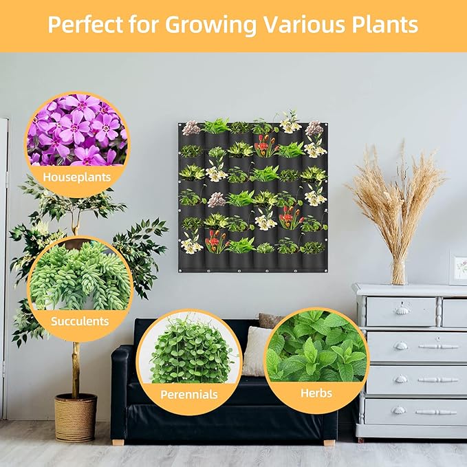Hanging Planting Grow Bags, 36 Pockets Hanging Vertical Wall Planter Wall Mounted Grow Bag Outdoor Indoor Gardening Vertical Greening Flower Container, Planting Bags Storage Bags(1.0 m × 1.0 m, Black) LITLANDSTAR
