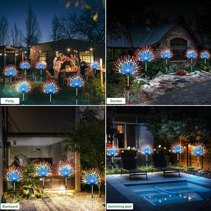 Solar Garden Lights Outdoor, 4 Pack Total 480 LED Solar Firework Lights Decorative 4th of July Decoration, Outdoor Waterproof Lights for Outside Yard Garden Pathway Decor Slyuexu