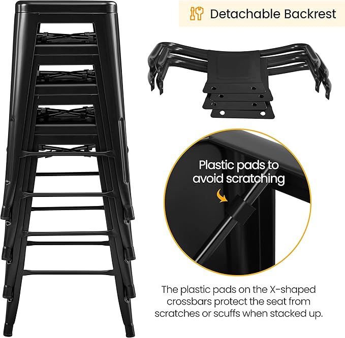 Yaheetech Bar Stools Set of 4, Metal Counter Height Chairs, 26 Inch Industrial Kitchen Stools with Backrest and Footrest for Indoor/Outdoor, Matte Black Yaheetech