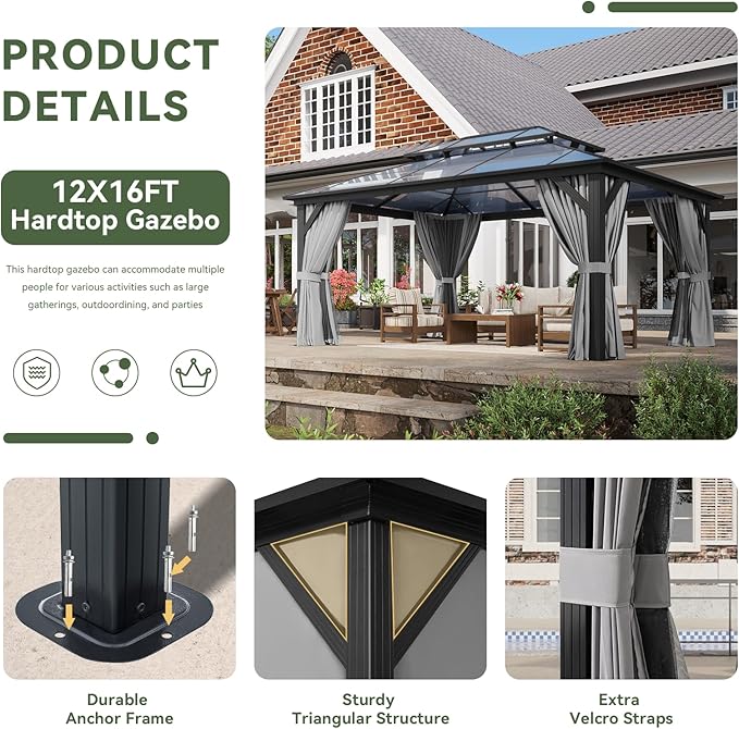 Aoxun 12'x16' Hardtop Gazebo, Aluminum Frame Permanent Pavilion with Curtains and Netting, Outdoor Polycarbonate Double Roof Canopy, Designed for Garden, Lawns, Patio Aoxun