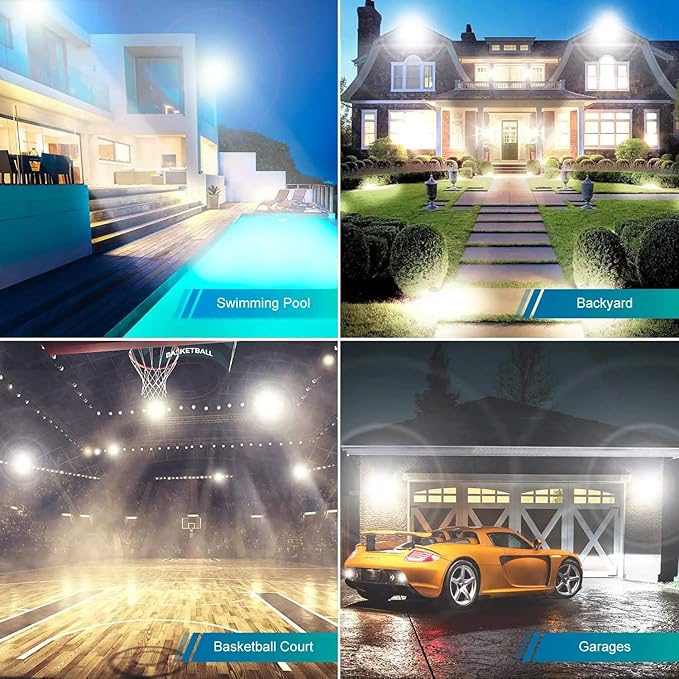 2 Pack 250W Led Flood Lights Outdoor,Super Bright 37000LM Security Lights with Plug,Exterior IP66 Waterproof 5000K Daylight White FloodLight for Basketball Court, Yard, Garden,Parking lot etc YANYCN