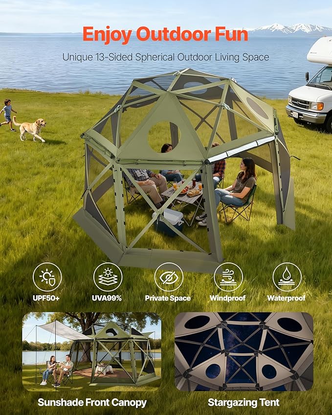 VEVOR Pop up Gazebo Screen Tent, 13 x 13 ft, 13-Sided Spherical Camping Canopy Tent with Removable Top & Carry Bag, Quick-Set & Bite-Proof, Screen House Sun Shelter for 10-12 Persons, Green VEVOR