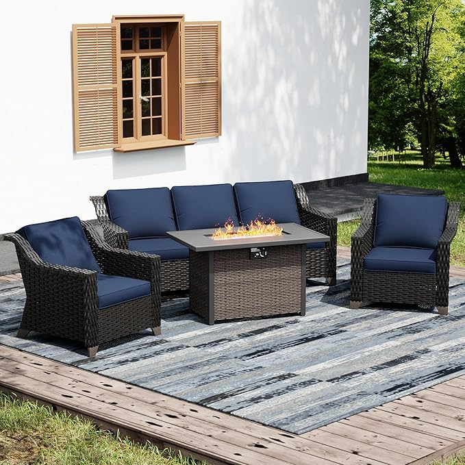 Joyside Wicker Patio Furniture Sets, 4 Pieces Upgraded Large Size Outdoor Furniture with Patio Dining Chair, 3-Seat Sofa, Fire Table,Thick Cushions, Wide Armrest, Blue Joyside
