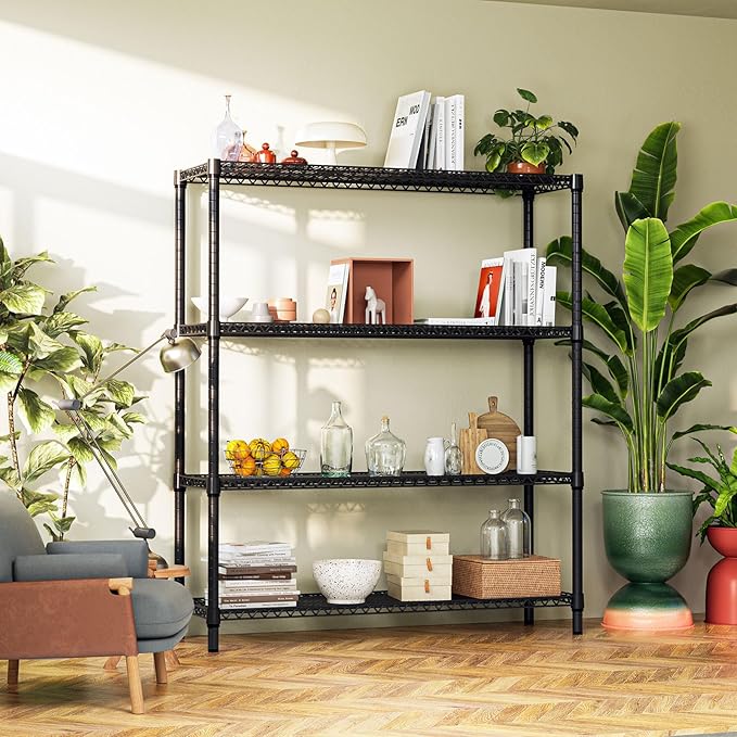IZEUK 4-Tier Metal Garage Shelving, Heavy Duty Adjustable Storage Rack Organizer, Industrial Steel Shelves for Basement, Kitchen, Office, Warehouse (Black, 17.7" D x 59.1" W x 70.9" H) IZEUK