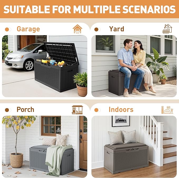 Greesum 100 Gallon Resin Deck Box Large Outdoor Storage Boxes with Cushions for Garden Tools, Patio Furniture Pillows, Pool Supplies, Dark Brown BuynowfromGreesum