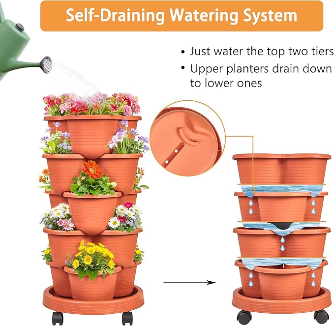 VECELO 5 Tier Vertical Garden Planter, Self Watering Stackable Planters with Wheels for Strawberries, Herbs, Flowers, Vegetables, Red VECELO