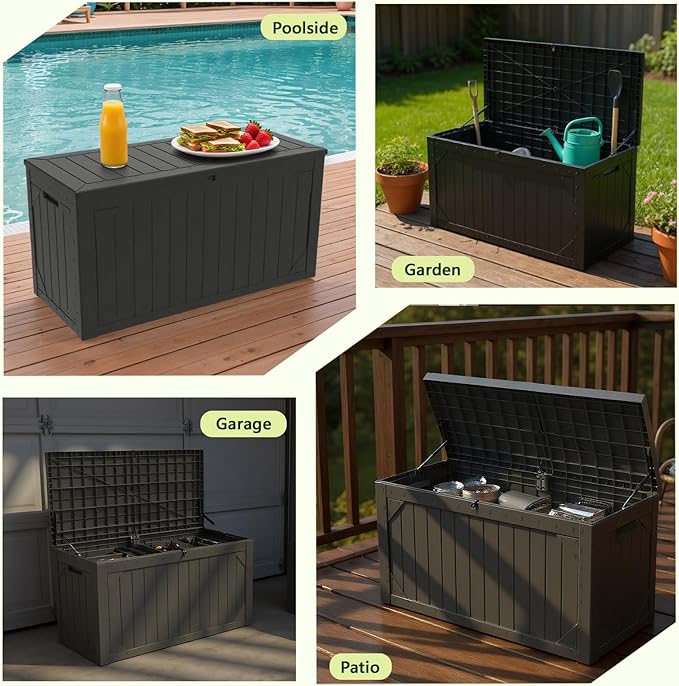 TARKARI 100 Gallon Lockable Resin Deck Box, Waterproof & UV-Resistant Outdoor Storage Box for Outdoor Cushion Storage, Garden Tools & Pool Accessories Storage, Black Home