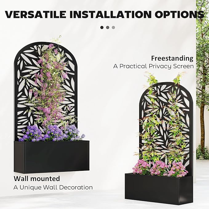 Outsunny Metal Raised Garden Bed with Trellis for Climbing Plants, Freestanding or Wall Mounted Flower Bed with Cueved Privacy Panel, Leaves Cut-Out Outdoor Planter Box for Garden, Patio, Balcony Outsunny