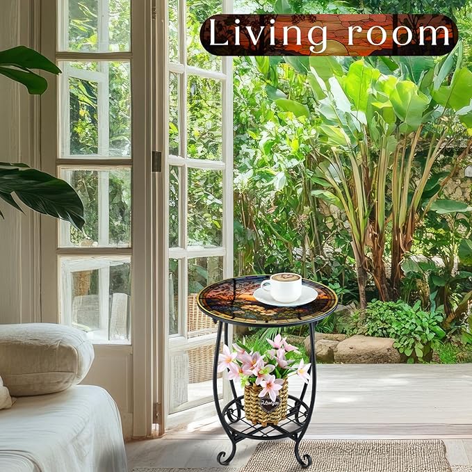 Outdoor Side Table Round Small Mosaic Patio Accent Indoor End Plant Coffee Tea Table for Yard Patio Porch Garden Living Room, Bedroom(Sunset and Flowers,14 Inch) Cinnvoice