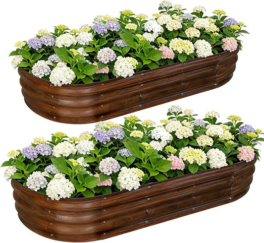 Galvanized Raised Garden Bed Outdoor, Large Raised Bed for Gardening, 2Pcs 6x3x1ft Oval Metal Planter Box for Vegetables, Fruits, Flowers, Dark Brown Wood Grain VivaGarden