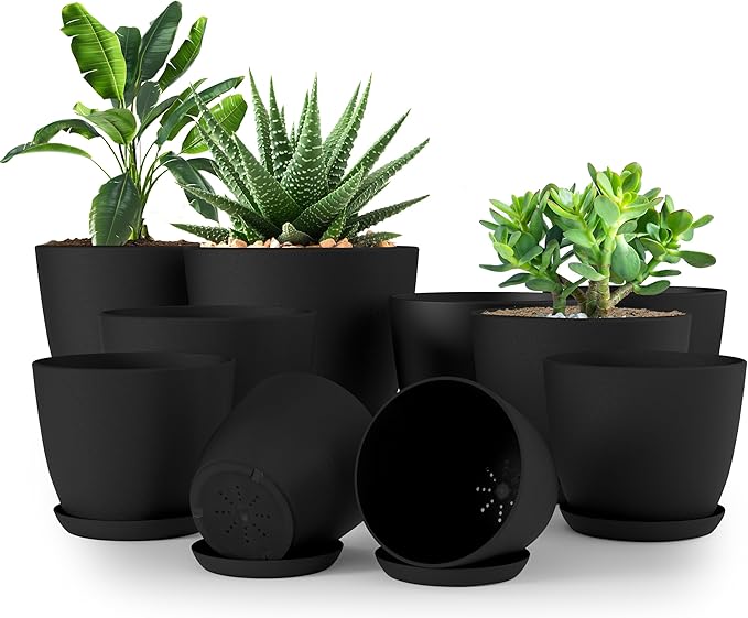 Utopia Home - Plant Pots Indoor with Drainage - 7/6.6/6/5.3/4.8 Inches Home Decor Flower Pots - Pack of 10 Plastic Planters for Indoor Plants, Cactus, Succulents Pot - Black UTOPIAHOME