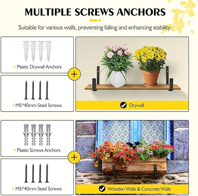 LukLoy Window Planter Box Brackets, 2 Pack Adjustable Heavy Duty Wall Mount Window Flower Boxes Outdoor with Bracket (6 to 12 in), with 70lbs Capacity, Black LukLoy