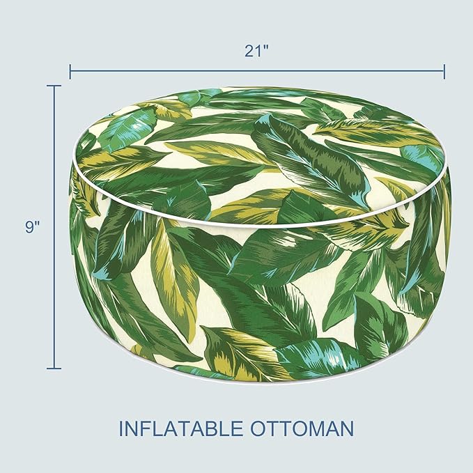 LVTXIII Indoor/Outdoor Inflatable Ottoman with Handle D21 x H9 Inch, Weather-Resistant Round Footstool Pouf for Patio Camping Living Room, Portable Footrest Extra Seating, Lush Leaf Jungle LVTXIII