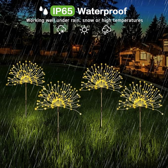 Solar Outdoor Warm White Garden Lights, 4 Pack Firework With 120 LED Starburst String 8 Modes Fairy With Remote, for Wedding Christmas, Lawn Backyard Party Patio Decoration Unihoh