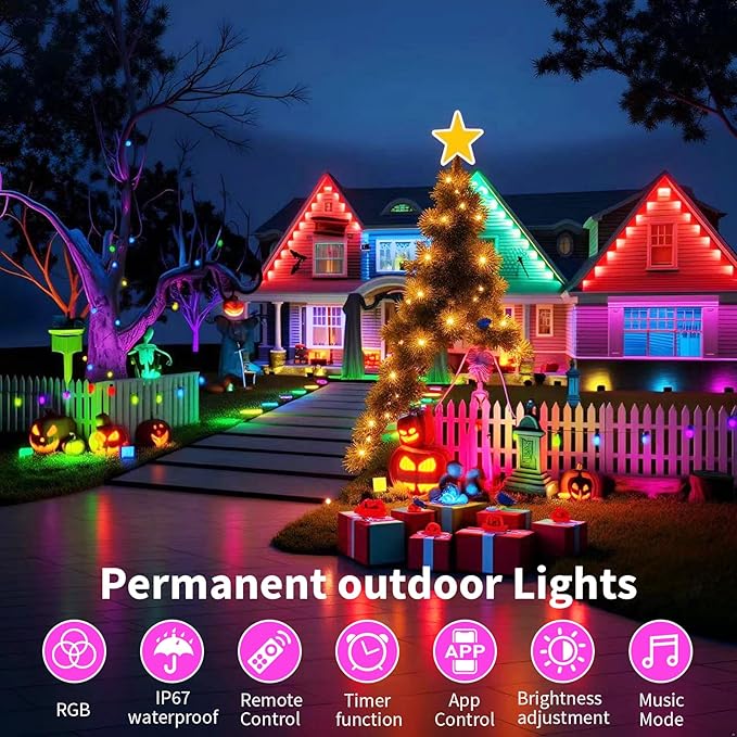 Permanent Outdoor Lights, 200ft Smart Eave Lights with RGB LED Light, IP67 Waterproof, App Control, DIY RGB Light for House Halloween Decorations Rootora