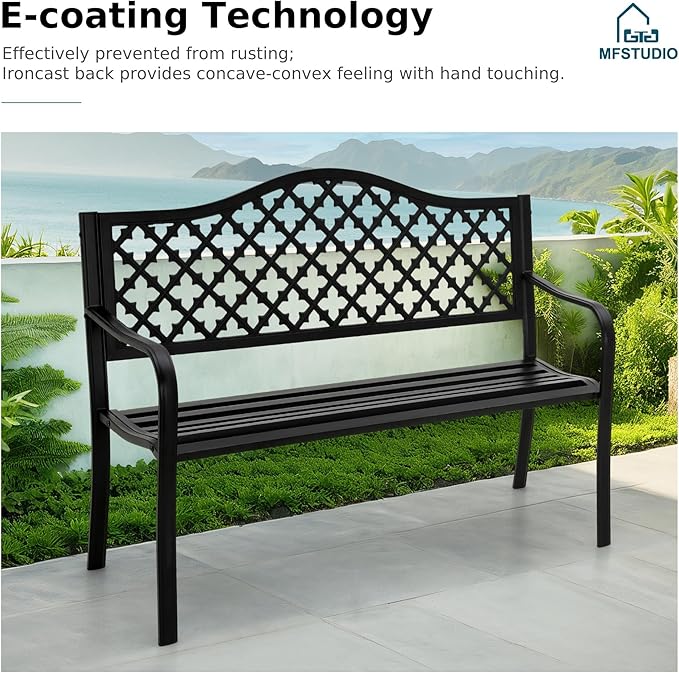 MFSTUDIO 50" Black Outdoor Metal Garden Bench, Cast Iron Frame Patio Furniture with E-Coating, Perfect for Porch and Yard MFSTUDIO