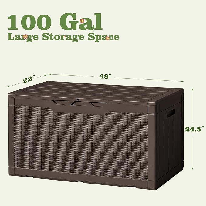 Flamaker Outdoor Storage Box 100 Gallon Waterproof Resin Deck Box Delivery with Air Rod Indoor Outdoor Lockable Storage Bench for Patio Cushions, Tools, Pool Accessories (Deep Brown) Flamaker
