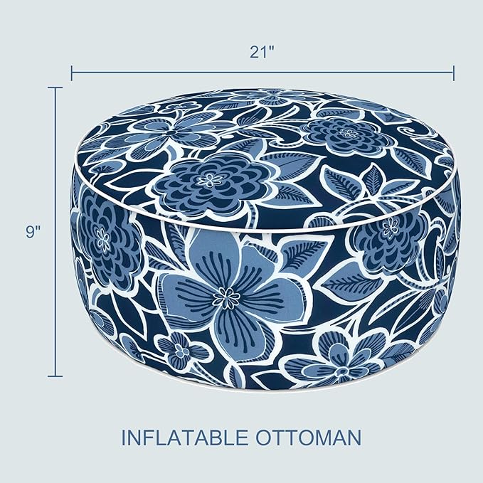 LVTXIII Indoor/Outdoor Inflatable Ottoman with Handle D21 x H9 Inch, Weather-Resistant Round Footstool Pouf for Patio Camping Living Room, Portable Footrest Extra Seating, Flower Navy LVTXIII
