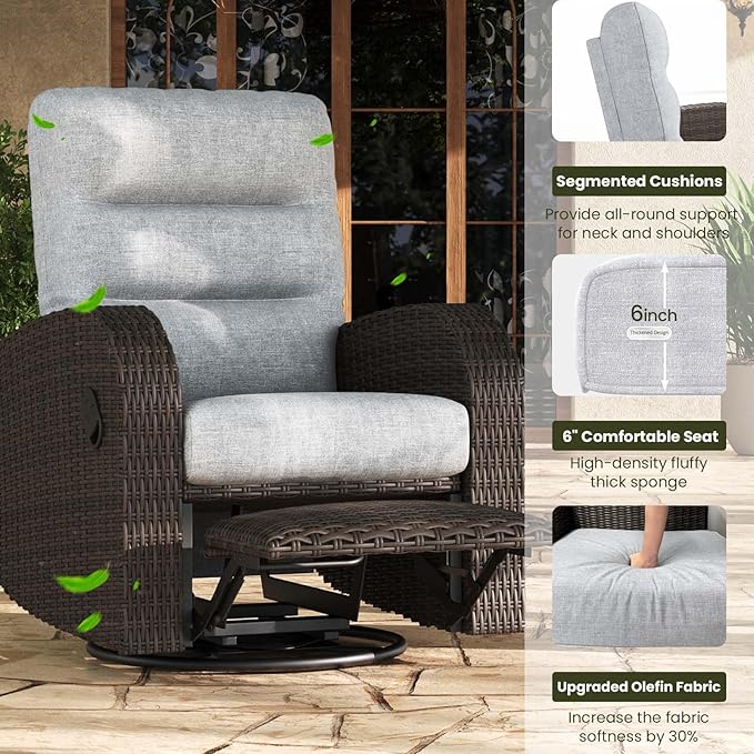 LayinSun Oversized Wicker Outdoor Swivel Glider Recliner with Adjustable Backrest & Footrest, Patio Reclining Lounge Chair LayinSun