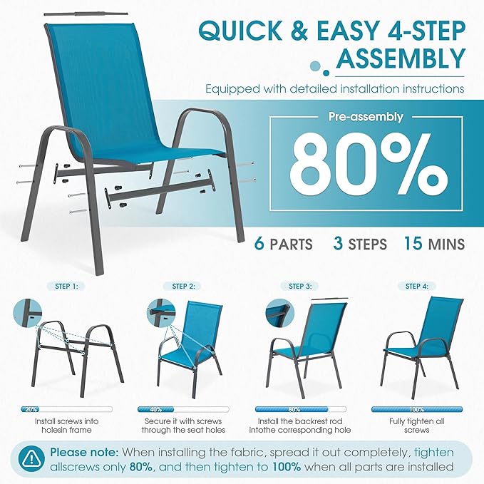 Outdoor Stackable Chairs Set of 4, Stacking Patio Chairs with Textilene Fabric, Outside Furniture for Garden Backyard Balconie Poolside Deck, Blue Villeston