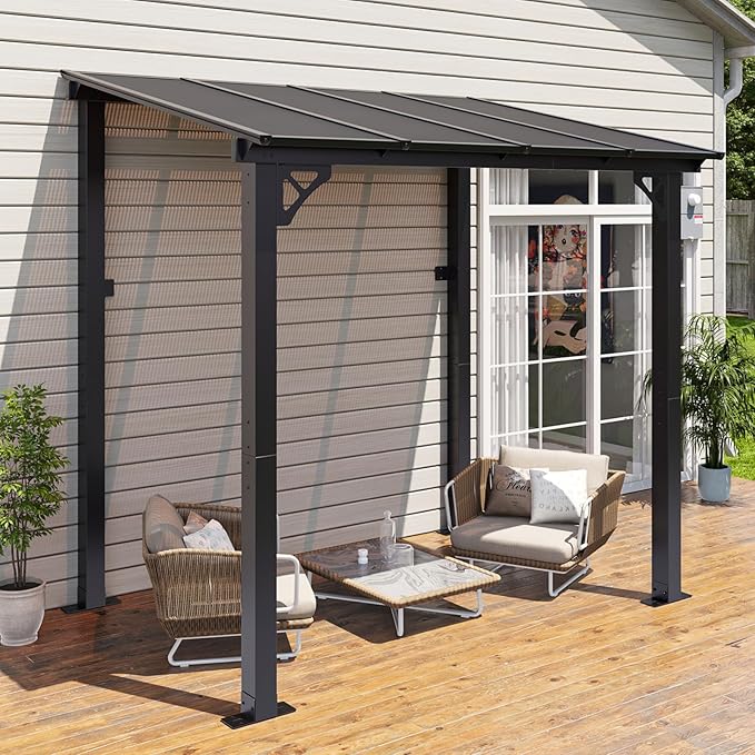 Aoxun 8’x 5’ Premium Gazebo with Aluminum Top Frame & Polycarbonate Panel, Wall Mounted Gazebos Pergola, Outdoor Patio Lean to Gazebo, Awnings with Sloped Roof, for Backyard, Porch, Deck Aoxun