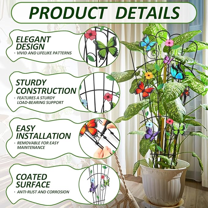 LEIFIDE 2 Pcs 33in Plant Trellis for Climbing Plants Indoor, Butterfly Expandable Large Metal Trellis for Potted, Heavy-duty Tall Rustproof Houseplant Support for Flowers Vine Ivy Pothos Hoya Monstera LEIFIDE