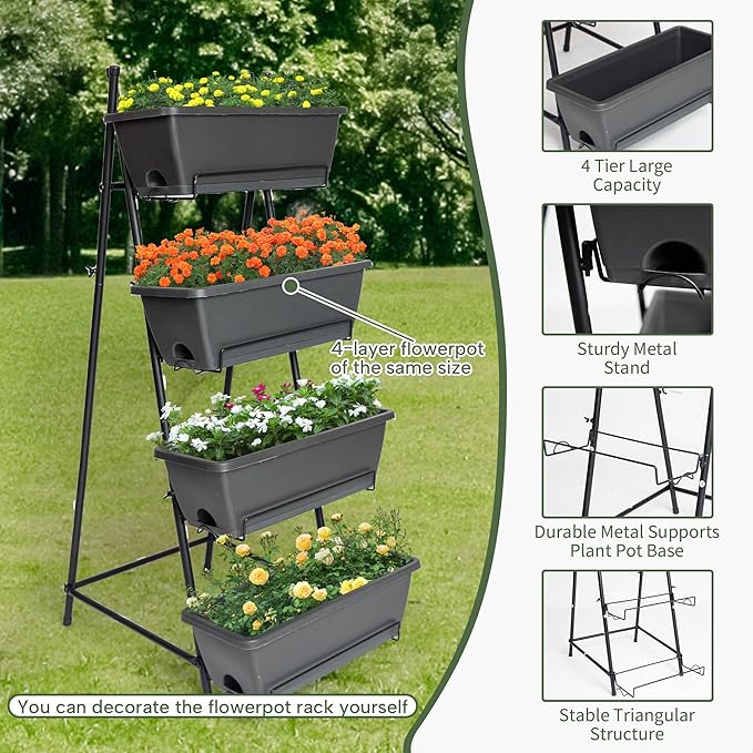 GENMOUS 4 Tier Raised Garden Bed Tall 45'' Vertical Elevated Garden Planter Standing Garden Bed Planter Box with Drainage Holes Removable Tray Outdoor Herb Planter Stand on Patio Balcony Porch Black GenMousCo