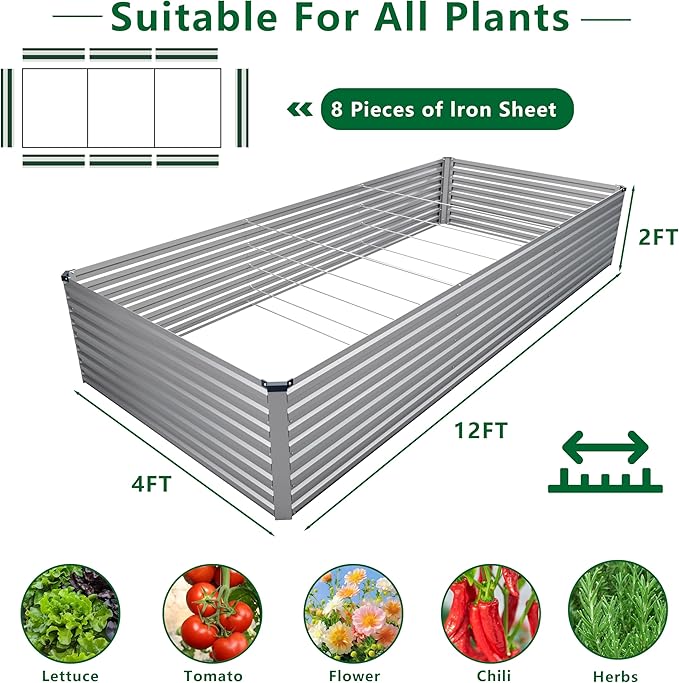 12x4x2FT Galvanized Raised Garden Bed Kit,Vegetable Plant Boxes-Rectangle Metal Flower Box,Large Planter Raised Beds Outdoor Garden for Planting,Fruit,Herb-Silver DIIYIV