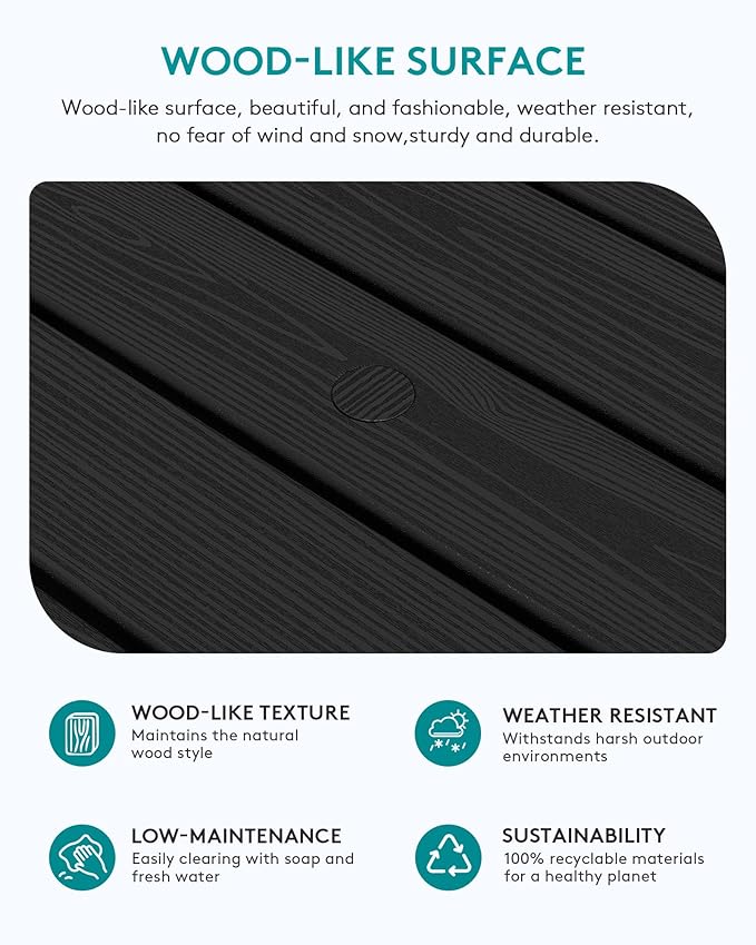 SERWALL Outdoor Coffee Table, HDPE Patio Coffee Table for Outside, Rectangle, Black SERWALL