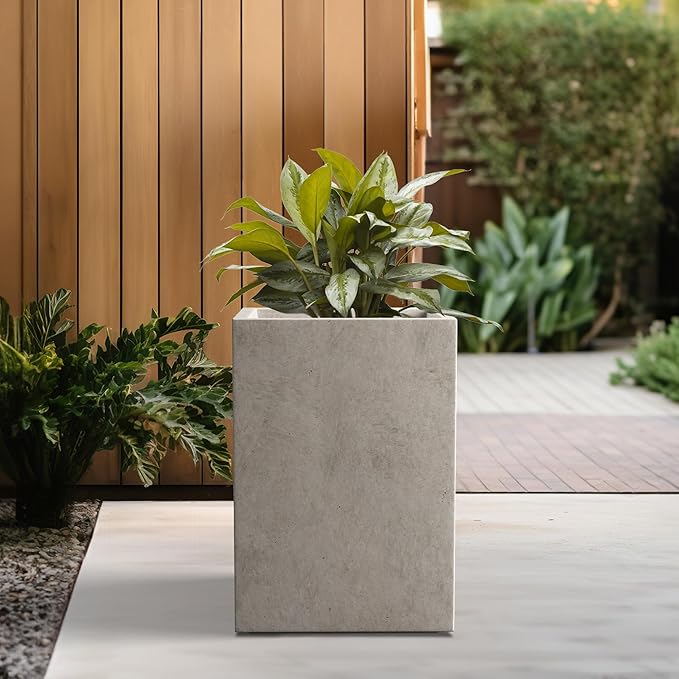 Kante 15.7" H Tall Rectangular Concrete Planters, Outdoor Indoor Lightweight Plant Pots with Drainage Hole and Rubber Plug, Modern Style for Home Garden Patio, Weathered Concrete Kante