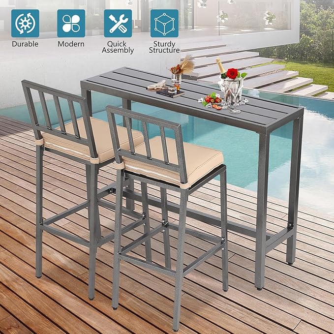 Outdoor Bar Table, Patio Console Pub Height Tables with Powder Coated Steel Frame, Weather Resistant Waterproof Top for Hot Tub, Balcony, Garden, Yard, Poolside (Grey, 55" Bar Table) Sumshadow