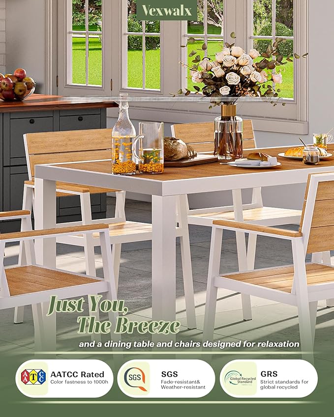 5-Piece Outdoor Dining Set, Aluminum Dining Table Set for 4, Patio Table and Chairs Set with Umbrella Hole, All Weather HDPS Outdoor Table and Chairs for 4 (White-Teak) Vexwalx