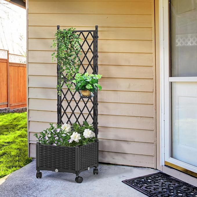 Planter Box with Trellis, 4ft Tall Self-Watering Plastic Raised Garden Beds and Lattice Trellis with Lockable Wheels & Drain Plug for Outdoor Patio Backyard Balcony, Black, 1 Pc follook