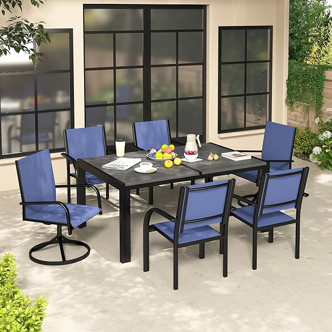 7-Piece Outdoor Patio Dining Set for 6, 59” Table with 4 Textilene Dining Chairs & 2 Swivel Chairs, Patio Furniture Set with Durable Metal Frame for Backyard Garden, Deck, and Poolside (Blue) SEGMART