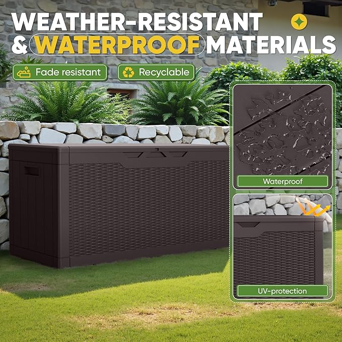 Greesum Outdoor Storage Box 100 Gallon Storage Bin with Lid for Patio Furniture, Garden Tools, Pool Supplies, Lockable, Waterproof and UV Resistant, Dark Brown BuynowfromGreesum