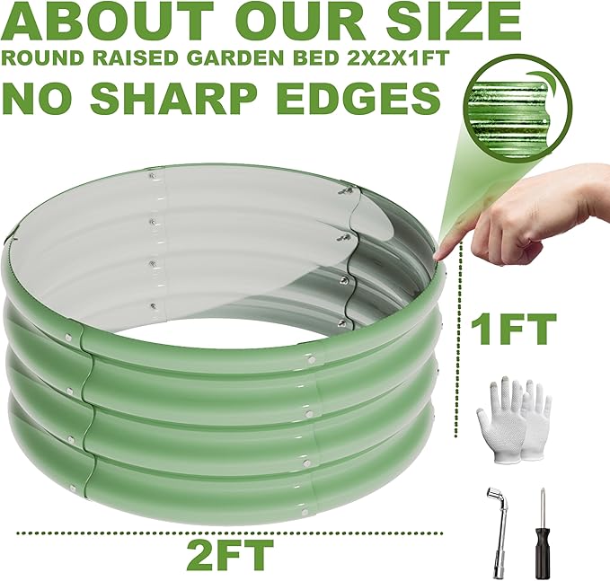 2Pcs 2X2X1ft Round Raised Garden Bed Kit,Galvanized Raised Garden Beds Outdoor, Metal Planter Box Steel Kit Flower Herb,Vegetables..Grass Green Rootora
