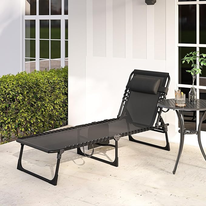 Outsunny Chaise Lounge Chair Outdoor, 5-Position Adjustable Sun Tanning Chair with Carrying Handle and Side Pocket, Folding Bed Cot with Removable Pillow for Garden, Beach, Patio, Pool, Camp, Black Outsunny