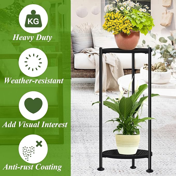 Plant Stand Indoor Outdoor, 30'' Tall Plant Stands for Indoor Plants, Heavy Duty Indoor Plant Shelf, 2 Tier Display Rack for Living Room, Balcony, Deck, Black Lilybud--lily